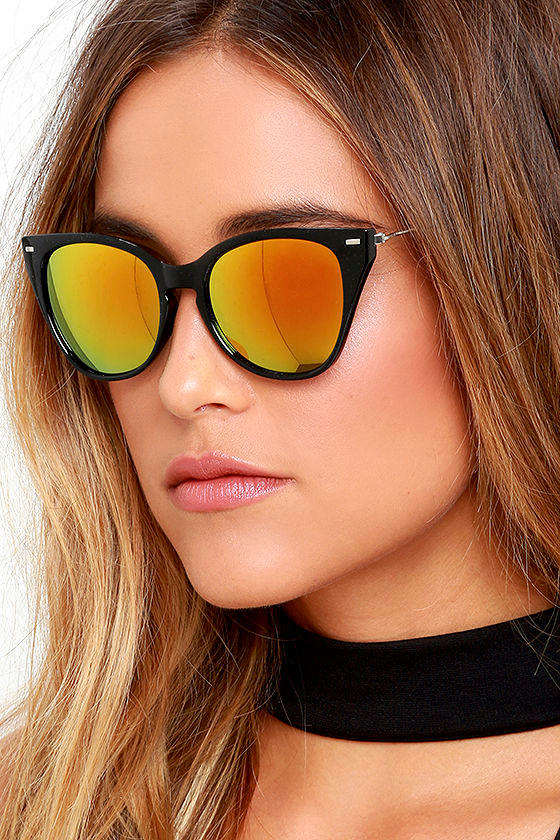 Chic Black Sunglasses CatEye Sunglasses Orange Mirrored Sunglasses