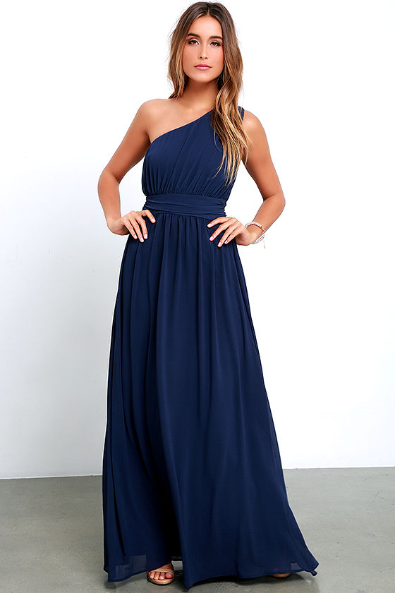 navy blue one shoulder dress