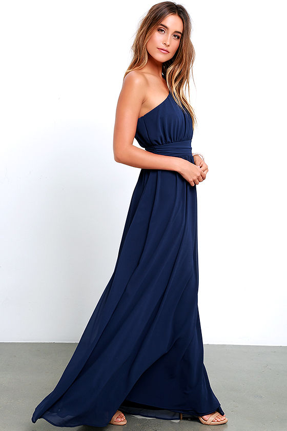 Looking Glass Navy Blue One-Shoulder Maxi Dress