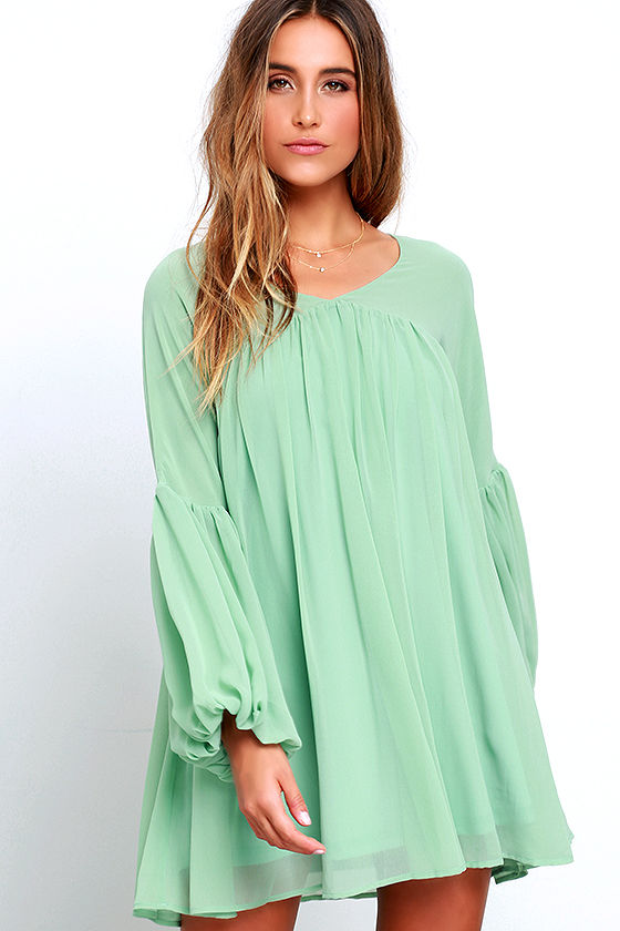 Lovely Sage Green Dress - Babydoll Dress - Long Sleeve Dress - $54.00 ...