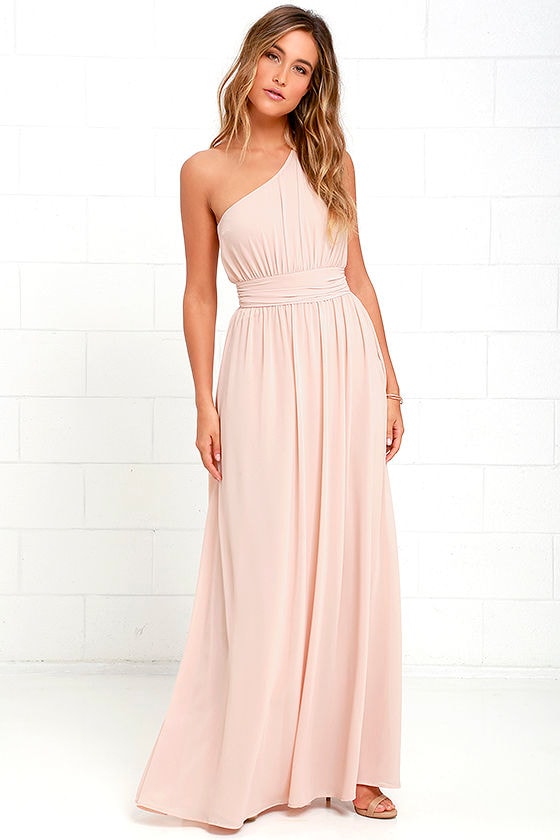 one shoulder pink bridesmaid dress