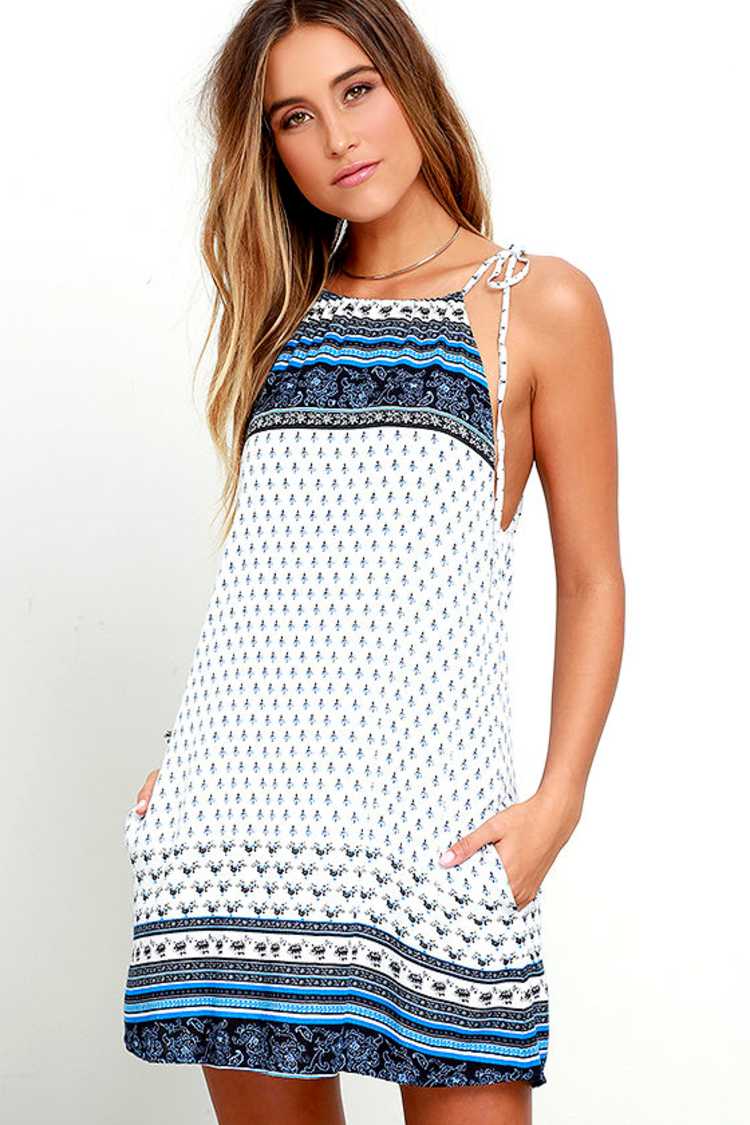Cute Ivory and Blue Dress - Swing Dress - Print Dress - $45.00 - Lulus