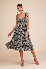 Lush Loveliness Black Floral Lurex Tie-Strap Midi Dress 2