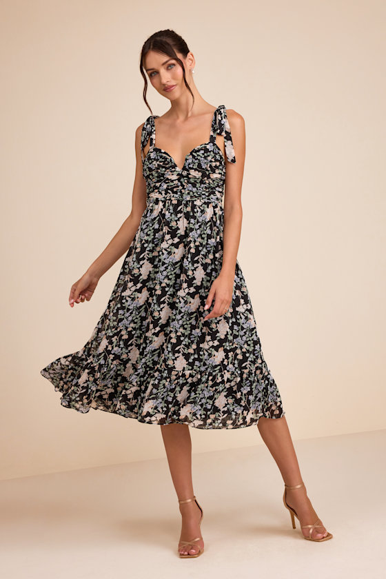 Lush Loveliness Black Floral Lurex Tie-Strap Midi Dress 2