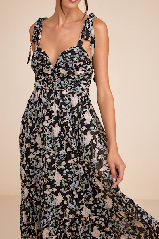 Lush Loveliness Black Floral Lurex Tie-Strap Midi Dress 3