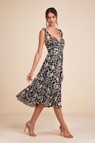Lush Loveliness Black Floral Lurex Tie-Strap Midi Dress 5
