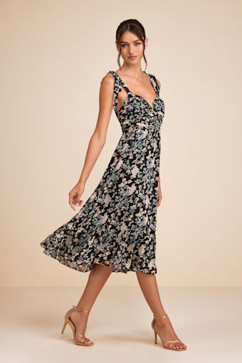 Lush Loveliness Black Floral Lurex Tie-Strap Midi Dress 5