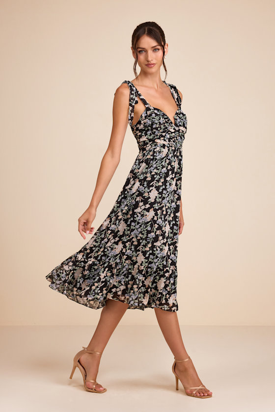 Lush Loveliness Black Floral Lurex Tie-Strap Midi Dress 5