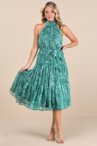 Float to You Green Floral Print Halter Tiered Midi Dress
