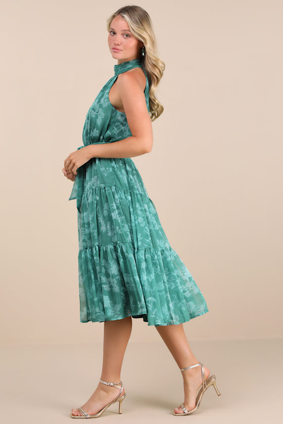 Float to You Green Floral Print Halter Tiered Midi Dress