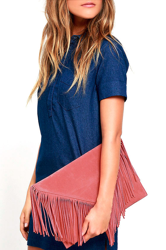 Hot Second Coral Pink Suede Fringe Clutch