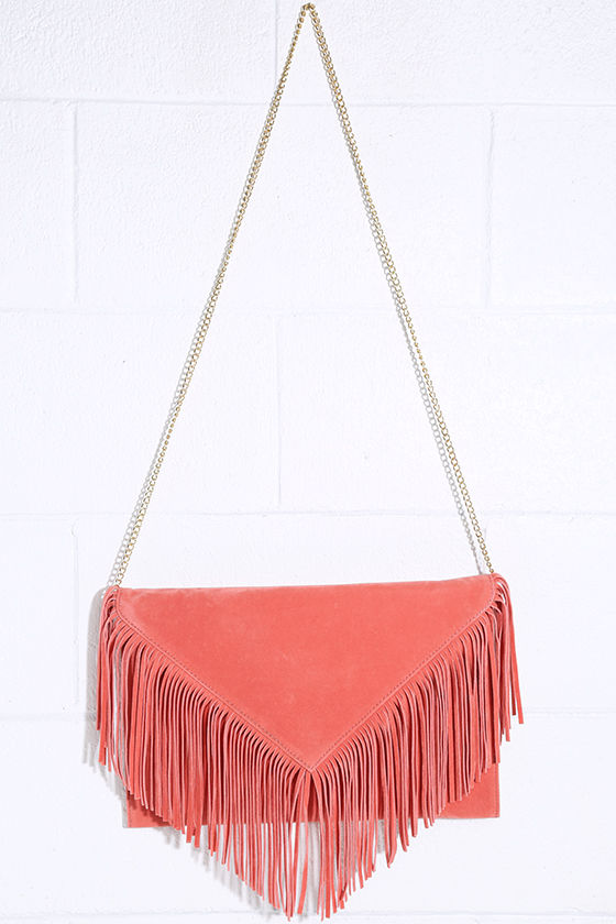 Hot Second Coral Pink Suede Fringe Clutch