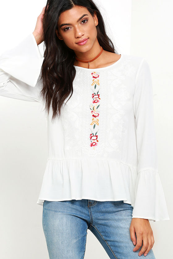 Cute Ivory Top Embroidered Top Long Sleeve Top 44.00 Lulus