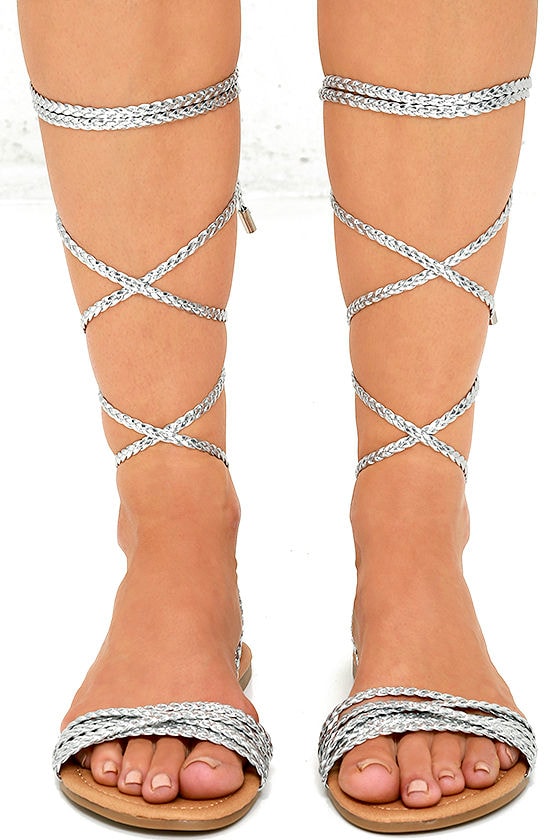silver lace up flat sandals
