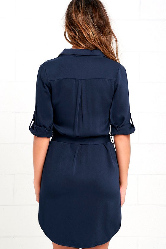 Navy Blue Dress Shirt Dress Long Sleeve Dress 58.00
