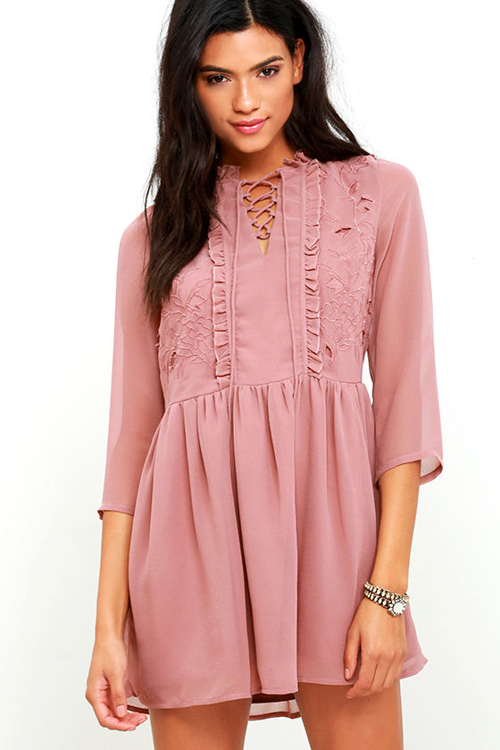 Lovely Mauve Dress - Embroidered Dress - Fit-and-Flare Dress - $55.00 ...