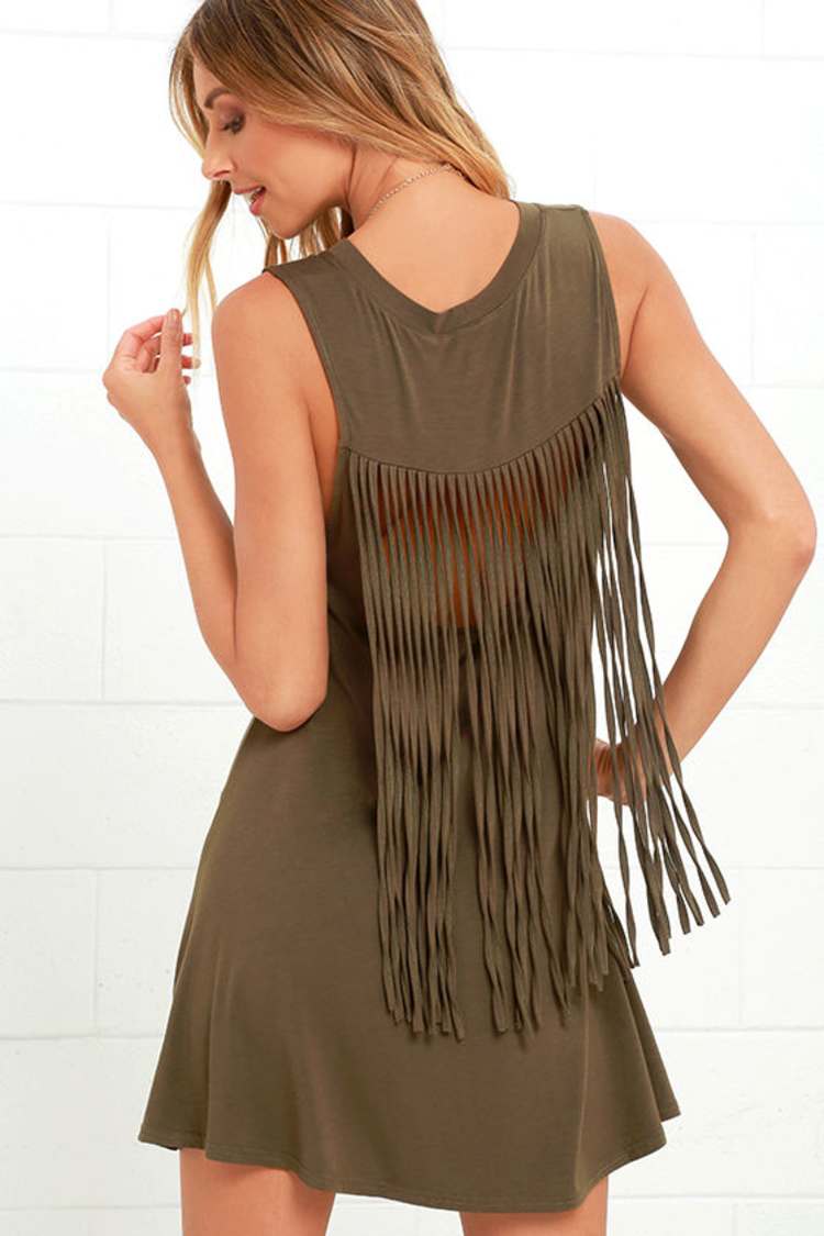 Adriana Olive Green Fringe Swing Dress Adriana Olive Green Fringe Swing Dress