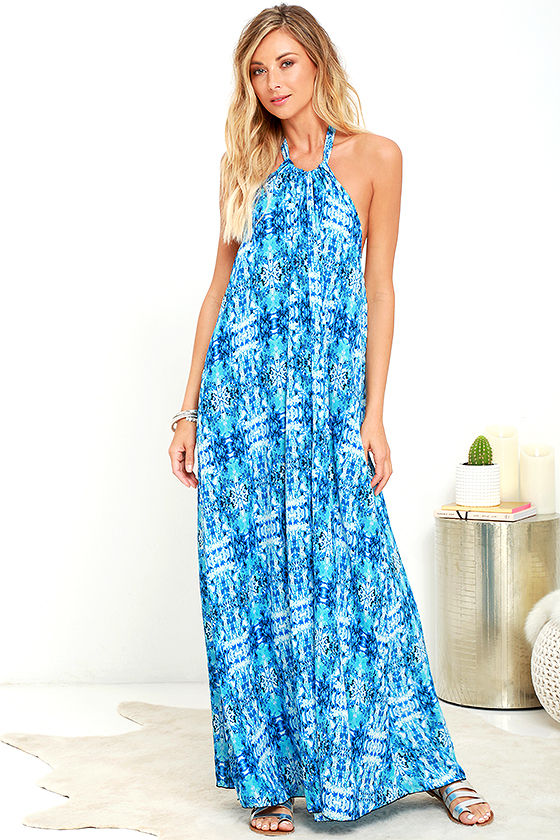 Pretty Blue Print Dress - Maxi Dress - Halter Dress - Backless Dress ...