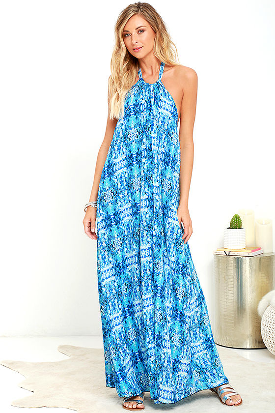 Printed Ruffled Halter Maxi Dress - Blue