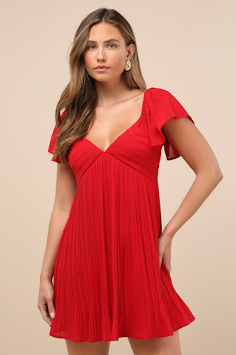 Amalfi Coast Wine Red Pleated Flutter Sleeve Mini Dress 2