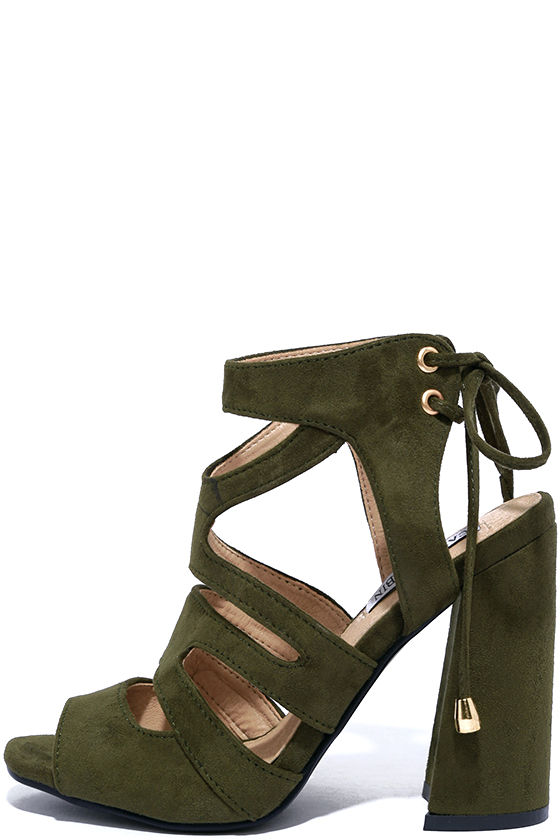 On the Flare Army Green Suede Caged Heels