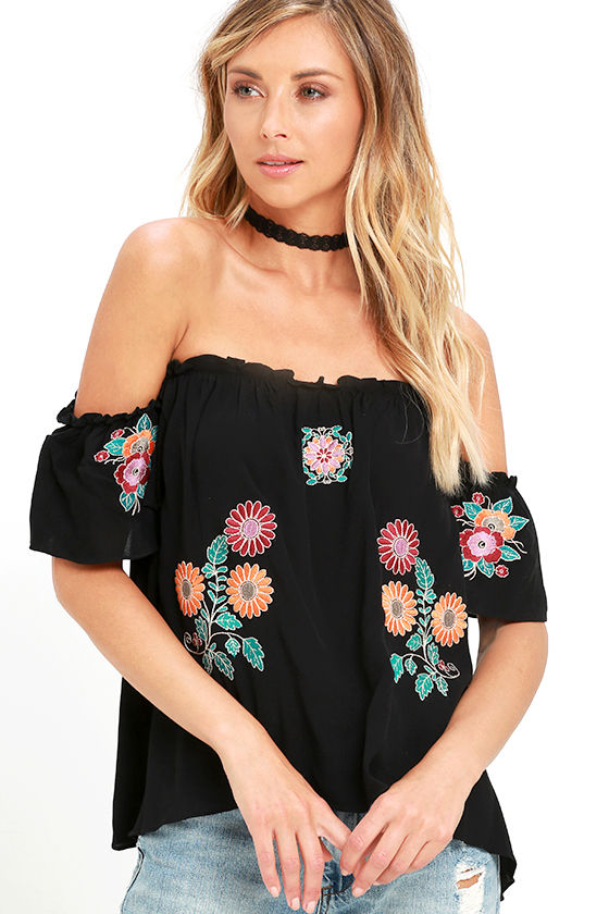 Sweet Black Top - Off-the-Shoulder Top - Embroidered Top - $60.00 - Lulus