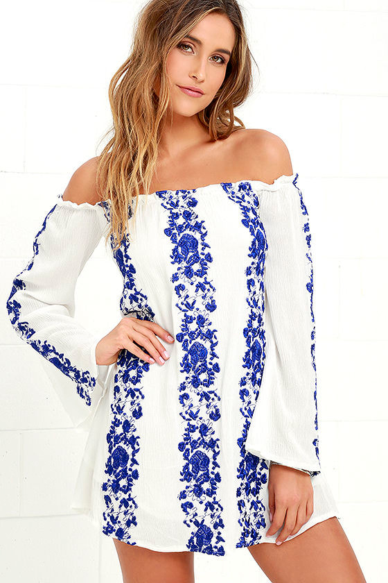 blue and white off the shoulder dress