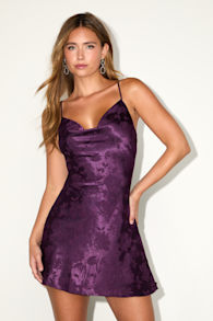 Close to Your Heart Plum Purple Satin Jacquard Cowl Slip Dress