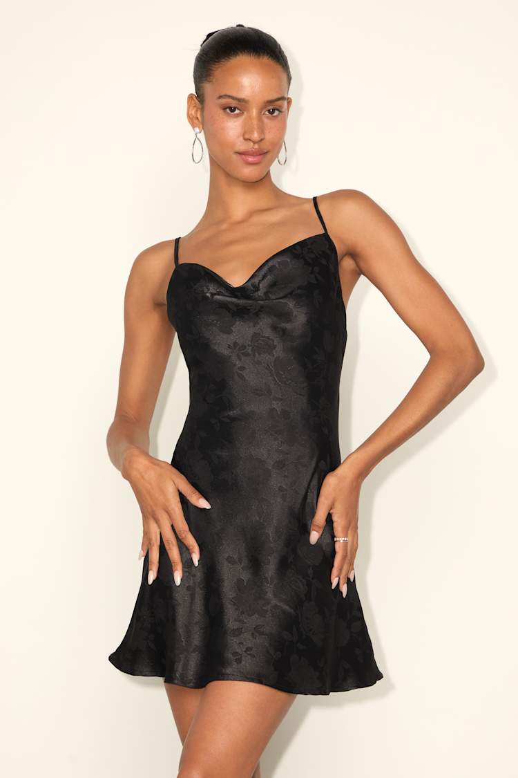 Close to Your Heart Black Satin Jacquard Cowl Slip Dress