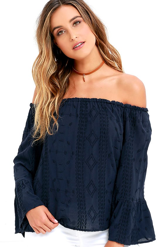 Navy Blue Top - Embroidered Top - Off-the-Shoulder Top - $44.00 - Lulus