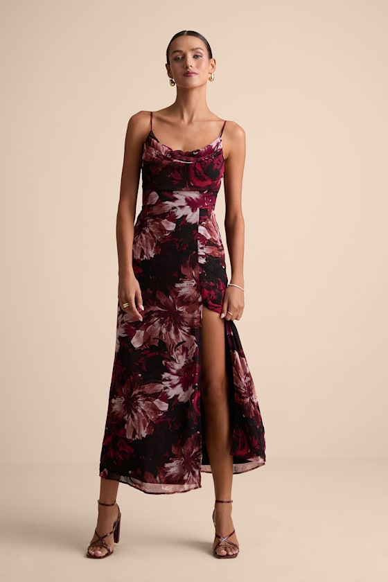 Flowery Passion Burgundy Floral Print Cowl Neck Midi Dress - thumbnail 3