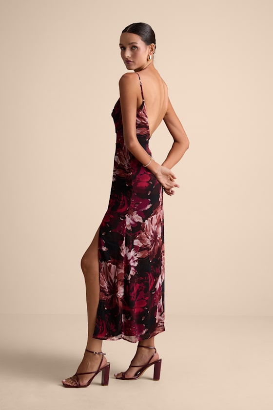 Flowery Passion Burgundy Floral Print Cowl Neck Midi Dress - thumbnail 4