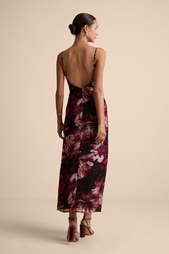 Flowery Passion Burgundy Floral Print Cowl Neck Midi Dress - thumbnail 5