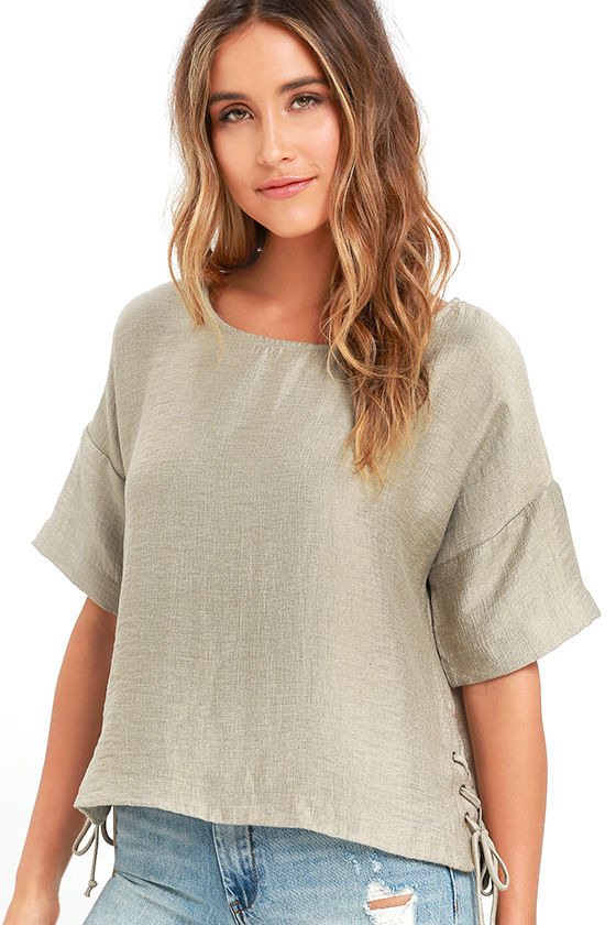 Cool Khaki Top - Lace-Up Top - Woven Top- $39.00