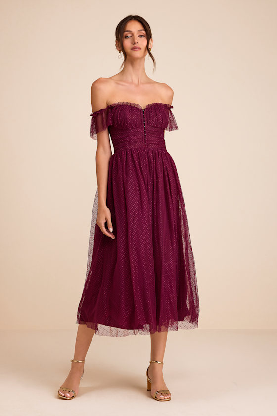 Regal Radiance Burgundy Tulle Bustier Midi Dress 2
