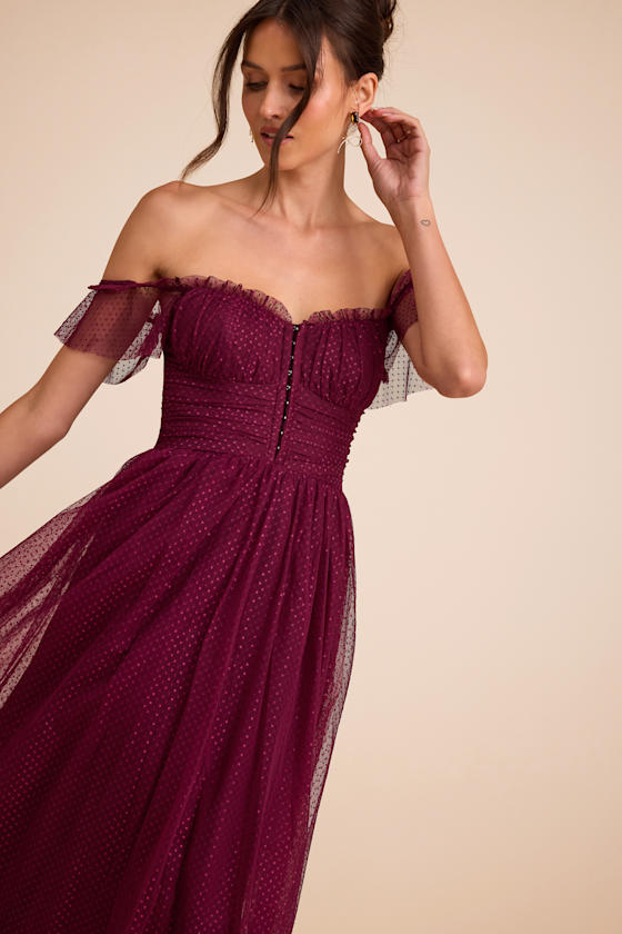 Regal Radiance Burgundy Tulle Bustier Midi Dress - thumbnail 3