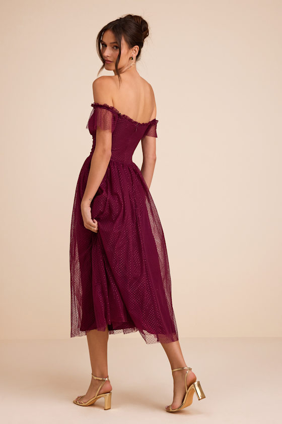 Regal Radiance Burgundy Tulle Bustier Midi Dress - thumbnail 4