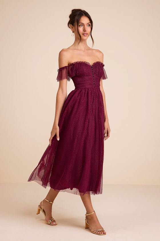 Regal Radiance Burgundy Tulle Bustier Midi Dress - thumbnail 5