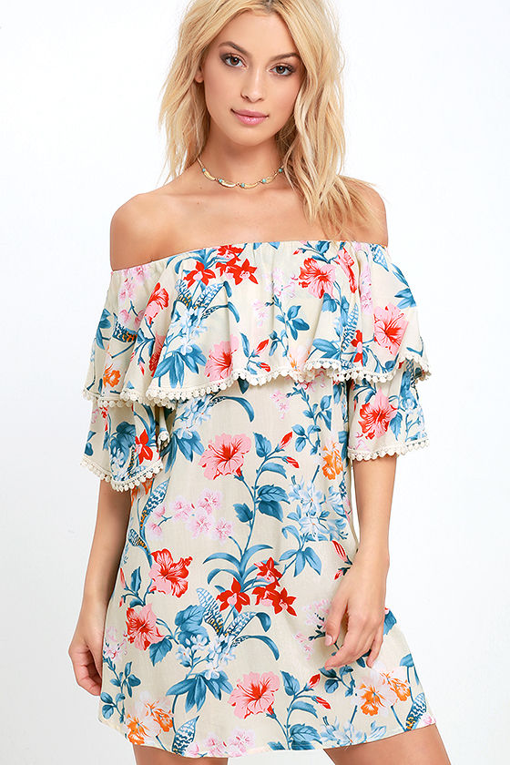 Lovely Floral Print Dress - Cream Print Dress - Off-the-Shoulder Dress ...