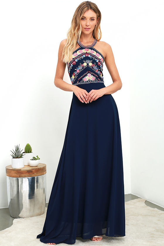 Lovely Navy Blue Maxi - Embroidered Maxi - Halter Maxi - $76.00 - Lulus