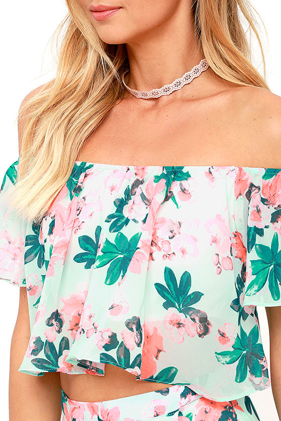 Floral Print Two-Piece Dress - Two-Piece Maxi Dress - Mint Two-Piece Dress - $124.00