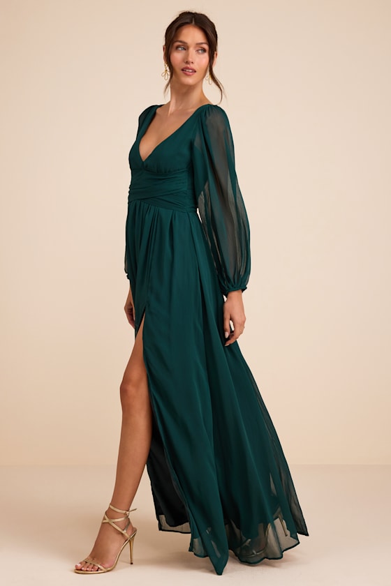 Emerald Green V-Neck Long Sleeve Maxi Dress | Womens | Small | 100% Polyester | Lulus | Bridesmaid Dresses | Gowns | Holiday | Prom