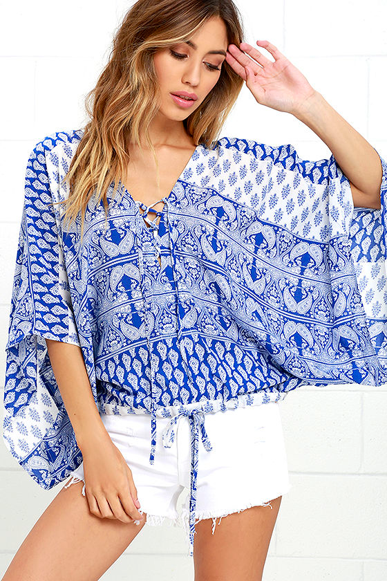 Cute Ivory and Blue Top - Paisley Print Top - Lace-Up Top - $38.00 - Lulus