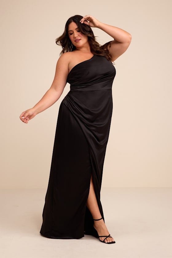 Black Maxi Dress - Satin Maxi Dress - One-Shoulder Maxi Dress - Image 6
