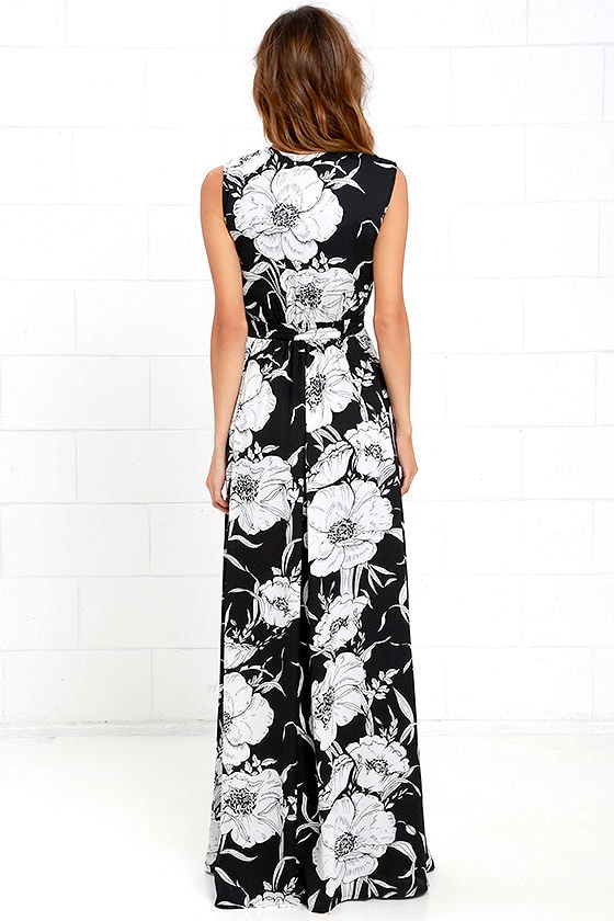 Lovely Black Floral Print Dress - Maxi Dress - Black and White Dress ...