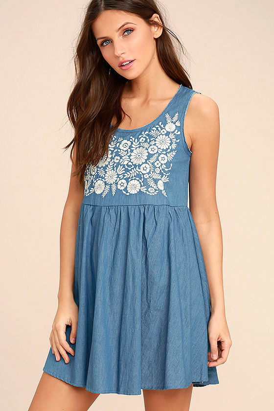 Mary Jane Embroidered Blue Chambray Dress