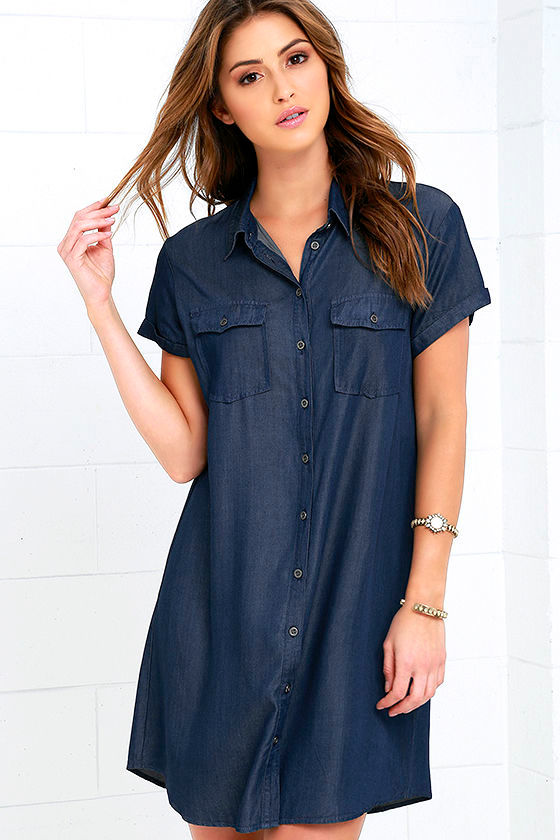 Cute Dark Blue Dress - Chambray Dress - Shirt Dress - $55.00