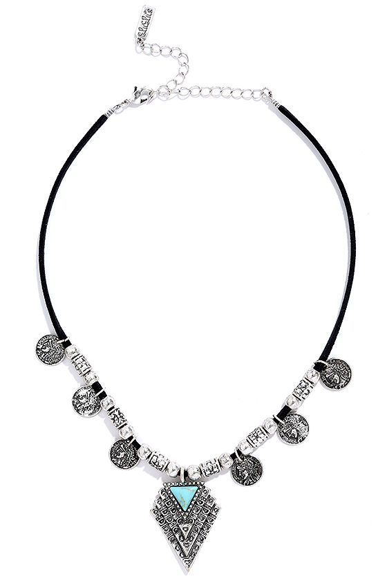 Boho Silver and Black Necklace - Charm Necklace - Choker Necklace - $12 ...