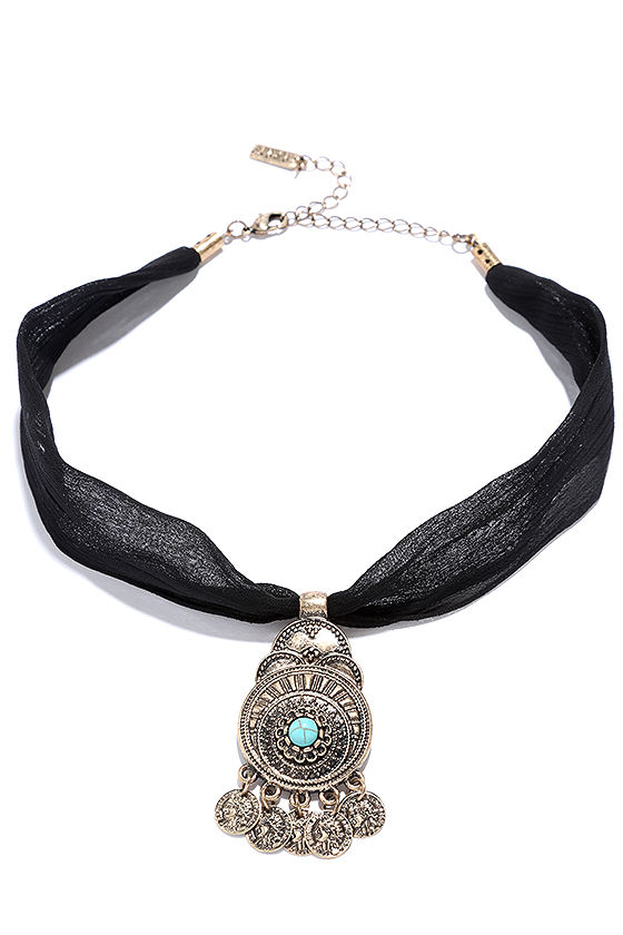 Boho Black and Gold Necklace - Choker Necklace - Ribbon Necklace - $12. ...