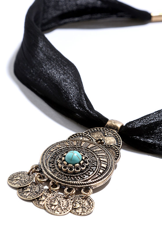 Boho Black and Gold Necklace - Choker Necklace - Ribbon Necklace - $12.00